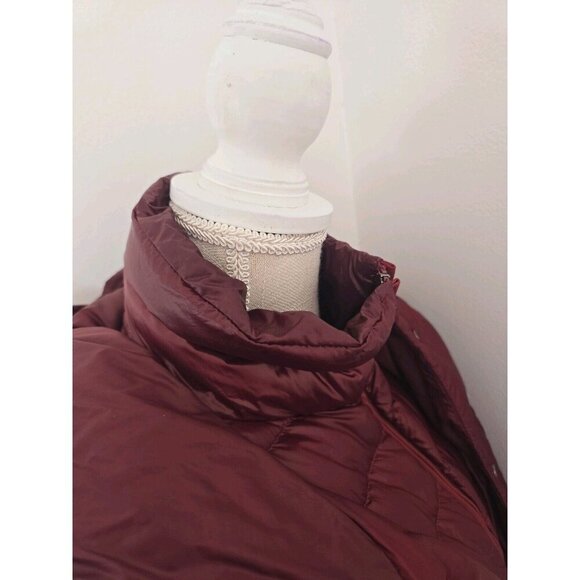 Athleta Lofty Goose Down Hooded Maple Burgundy Red Puffer Coat Zip Snap XS - Picture 15 of 16